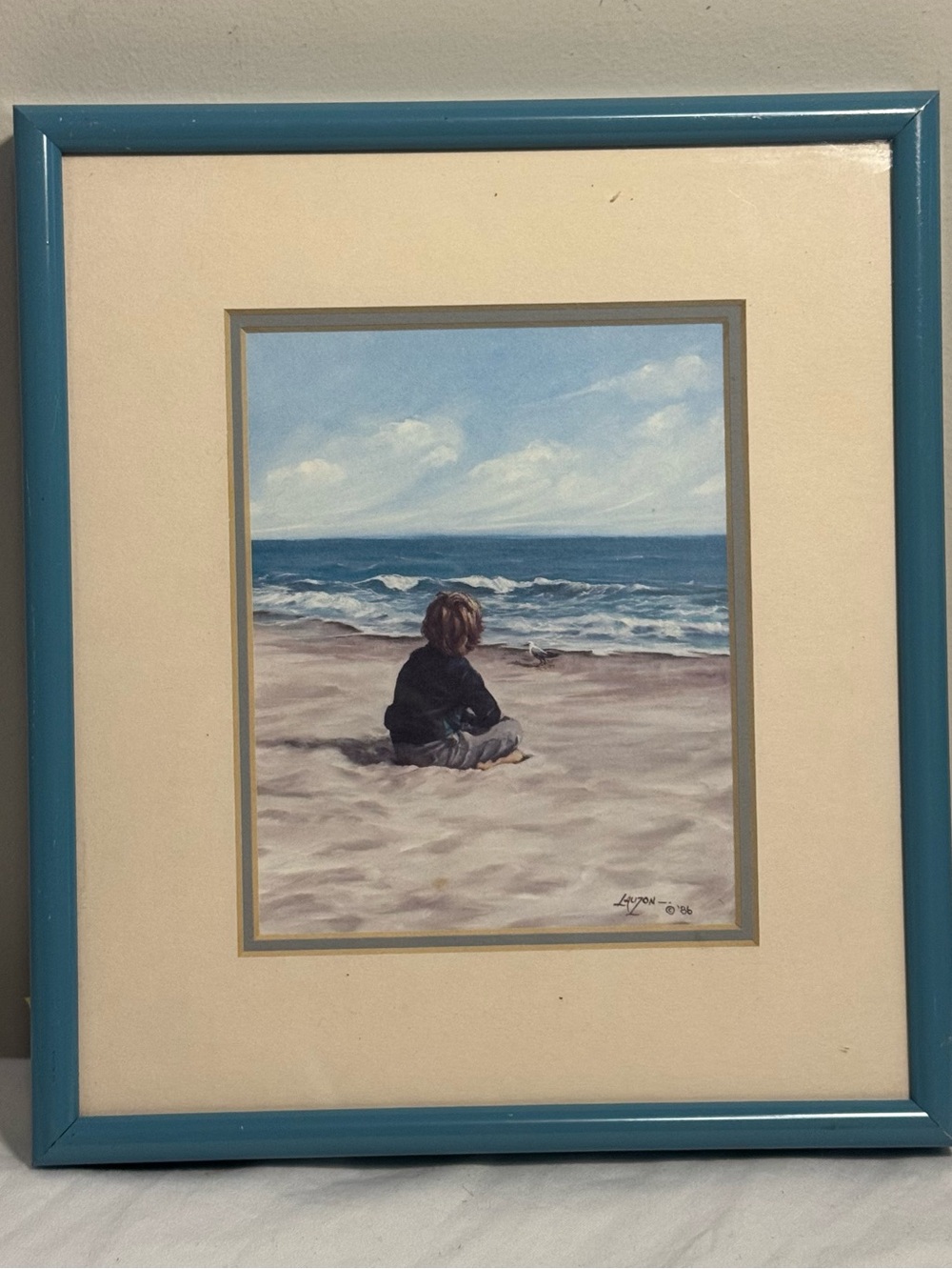 Vintage Print By Lauzon 1986, 7x8 Inch Boy On A Beach Scene, Blue Frame